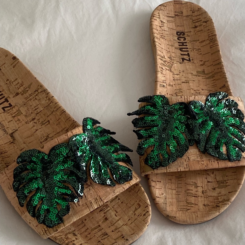 SCHUTZ Green Sequin Leaf Sandals